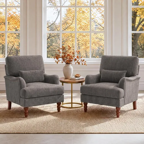 Vista 29 de Mid-Century - Silla decorativa moderna con almohada lumbar, color gris Chenille Gris Claro
