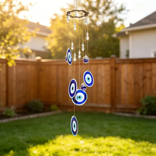 Vista 2 de YU FENG Carillón de viento con ojo maligno azul para exteriores, adorno colgante de 19" de metal, campanillas de viento para jardín al aire libre