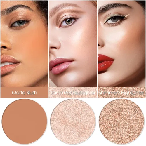 Vista 2 de FOCALLURE Paleta de rubor e iluminador, polvo de maquillaje 3 en 1, rubor mate libre de crueldad, iluminadores brillantes para un aspecto brillante