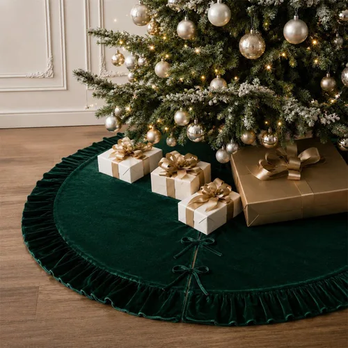 Vista 27 de Faldones de Felpa para Árbol de Navidad, 24 pulgadas, Lujosa Cubierta de Base de Árbol de Navidad de Piel Sintética Negra con Copos de Nieve Dorados