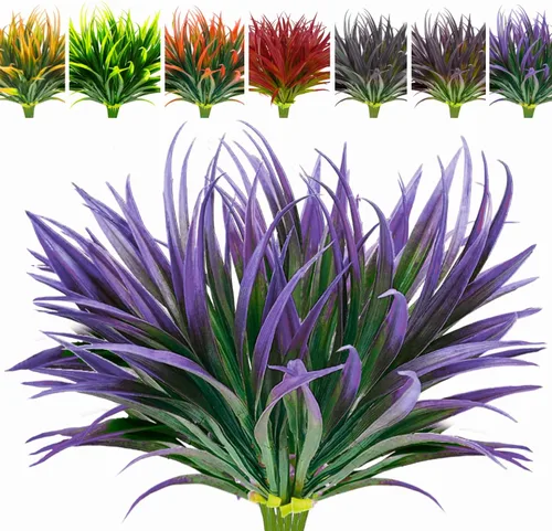 Vista 16 de 8 piezas de plantas falsas para exteriores, resistentes a los rayos UV, plantas de césped alto artificiales, flores tropicales, arbustos, decoración