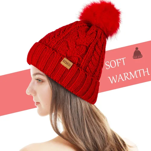 Vista 3 de REDESS Women Winter Pompom Beanie Hat with Warm Fleece Lined, Thick Slouchy Snow Knit Skull Ski Cap