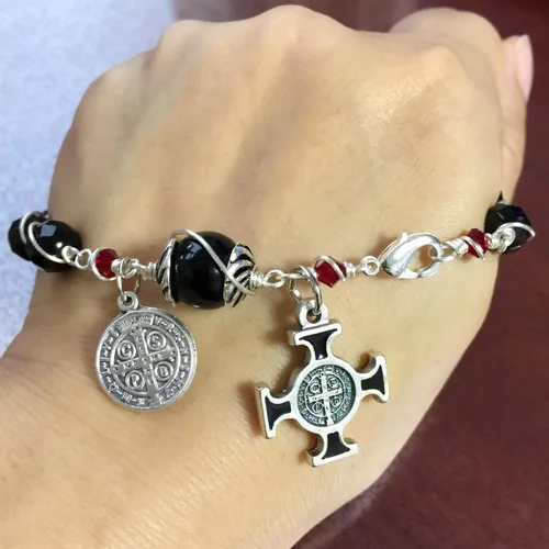 Vista 9 de elegantmedical Pulsera hecha a mano con cuentas de oración de ágata negra, rosario, cruz, católica, Metal