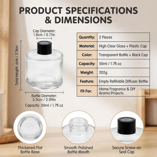 Vista 2 de Juego de 2 botellas redondas difusoras de vidrio con tapas negras, frascos difusores vacíos recargables de vidrio, botellas difusoras de fragancia