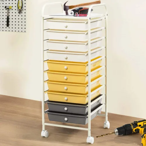 Vista 2 de Giantex - Carro de almacenamiento con ruedas, 10 cajones, organizador para papelería, oficina o escuela (Beige+Amarillo+Gris)