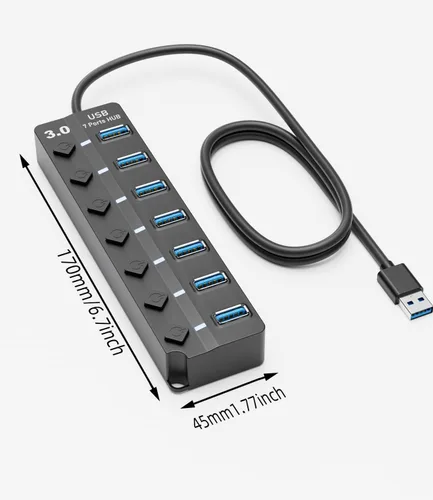 Vista 2 de Concentrador USB para laptop, divisor de concentrador USB 3.0 de 7 puertos SNLLMZI con interruptores y luces individuales de encendido/apagado