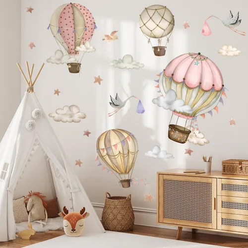 Vista 3 de Globos de aire caliente extraíbles, calcomanías de pared, globos de acuarela, pájaros, estrellas, calcomanías de pared, pintura a mano, globos