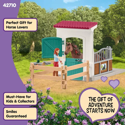 Vista 5 de Schleich Horse Club - Juego de juguetes de caballo de 25 piezas Hannah y Cayenne con caballeriza y accesorios - Etiqueta de nombre de establo