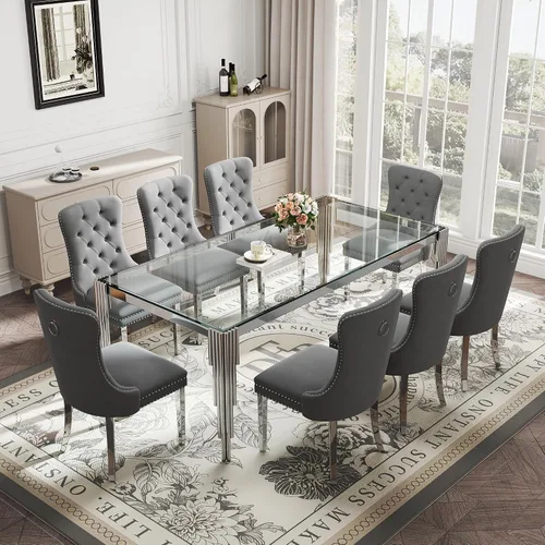 Vista 26 de Juego de mesa de comedor de cristal de 5 piezas para 4, mesa de cocina cuadrada de 37 pulgadas con 4 sillas tapizadas de terciopelo negro, mesa