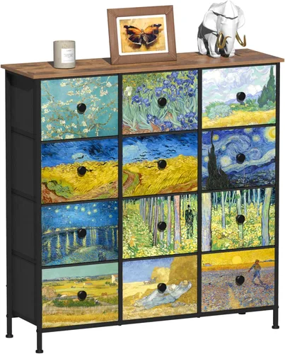 Vista 12 de EXOTICA - Cómoda grande con 15 cajones, cómoda alta de tela Van Gogh para dormitorio, sala de estar, entrada, armario con marco de metal resistente