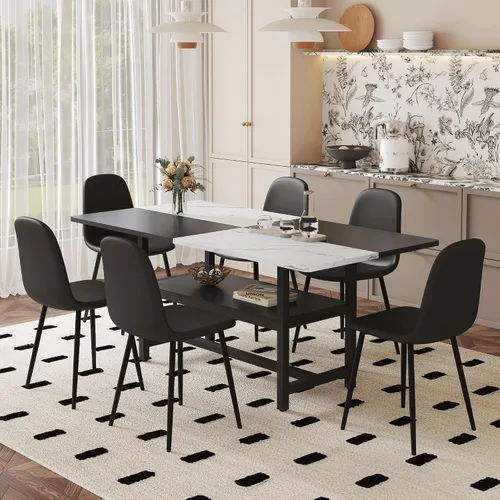 Vista 9 de Juego de mesa de comedor de 71 pulgadas para 6 personas con estante de almacenamiento, juego de mesa de comedor rectangular industrial moderna