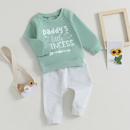 Vista 3 de Conjunto de ropa de bebé para niña, para otoño, invierno, para bebé, papá, mamá, dicho, suéter y pantalones