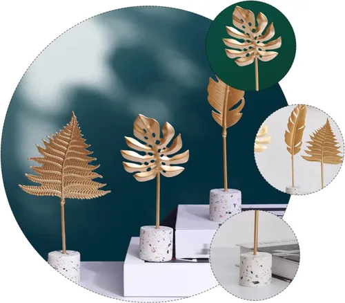 Vista 4 de ARTIBETTER Escultura de mesa artificial de hojas rústicas sin Monstera, adornos dorados, gabinete de oficina, estatua hawaiana, escritorio