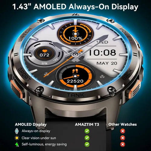 Vista 3 de AMAZTIM Relojes inteligentes para hombres, batería extra larga de 60 días, Bluetooth militar resistente para llamadas (contestar/realizar llamadas)