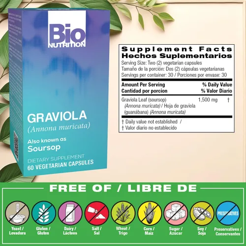Vista 2 de Graviola Guanábana 60 Cápsulas Vegetarianas Suplemento a base de hierbas sin gluten