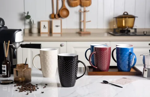Vista 3 de AmorArc Juego de 6 tazas de café extragrandes de cerámica de 20 onzas con patrones geométricos texturizados para café, té, cerveza, cacao caliente