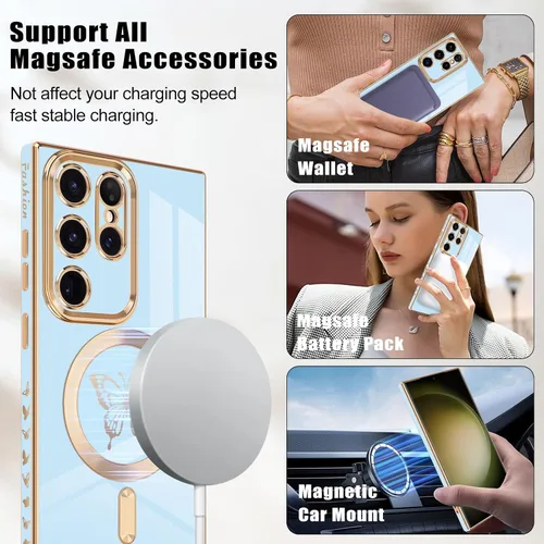 Vista 6 de Funda magnética para Samsung Galaxy S23 Ultra 5G, bonita funda de lujo con borde chapado de mariposa para mujeres, niñas y hombres, TPU suave, a