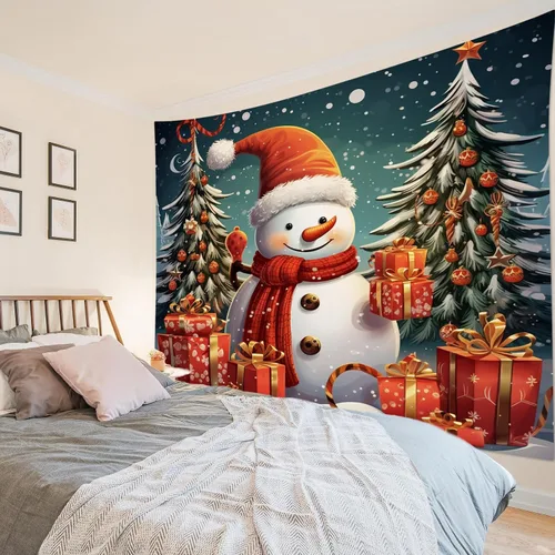 Vista 4 de HVEST Tapiz navideño de muñeco de nieve para colgar en la pared, divertido muñeco de nieve con sombrero rojo de Navidad y tapiz de regalo, tapiz