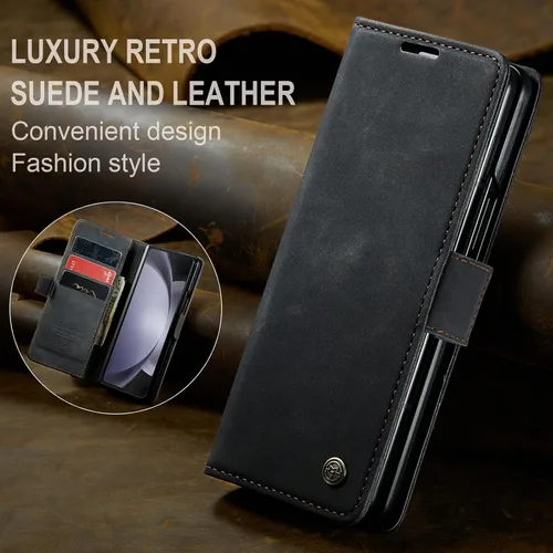 Vista 7 de Kowauri Funda para Samsung Galaxy Z Fold 5, diseño clásico de cuero con cierre magnético, con ranura para tarjetero, a prueba de golpes, funda Negro