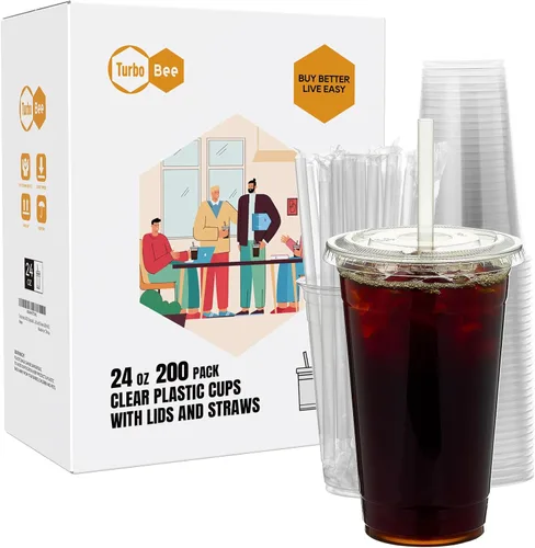 Vista 8 de Turbo Bee 200 juegos de vasos de plástico transparente de 12 onzas con tapas y pajitas, tazas de café helado desechables para llevar con tapas