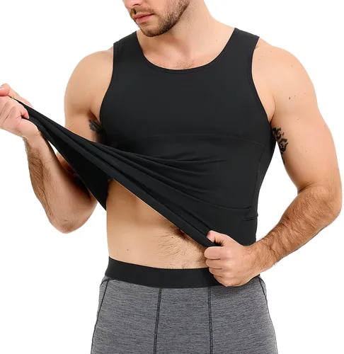 Vista 4 de TOPELLER Camisetas de compresión para hombre, faja moldeadora de pecho, control de abdomen, adelgazante, camiseta interior para entrenamiento