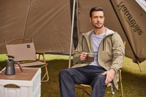 Vista 37 de COOFANDY Chubasquero largo para hombre, chaqueta impermeable para exteriores, con capucha