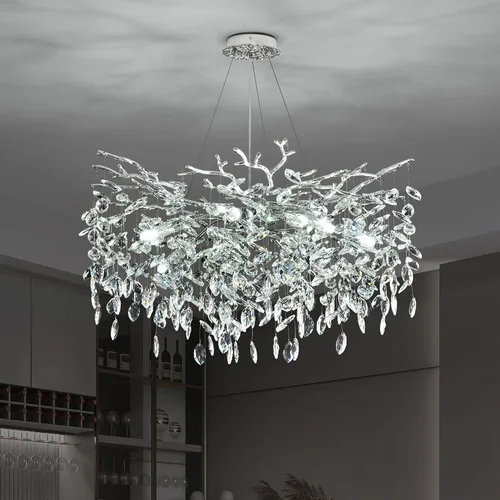 Vista 18 de Candelabro rectangular con ramas de árbol de cristal, L40 pulgadas, Mpdern de lujo cromado lineal Art Deco con forma de gota de lluvia para cocina