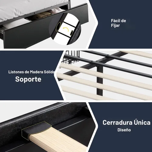 Vista 7 de Marco de cama Allewie tamaño matrimonial con plataforma y 3 cajones de almacenamiento, tapizado en piel sintética, soporte de listones de madera,