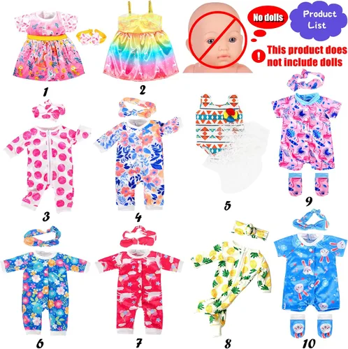 Vista 2 de ebuddy Paquete de 10 ropa de muñeca de bebé para muñecas de 15 a 17 pulgadas, lindos trajes de muñeca con diademas, juego de ropa de muñeca de moda