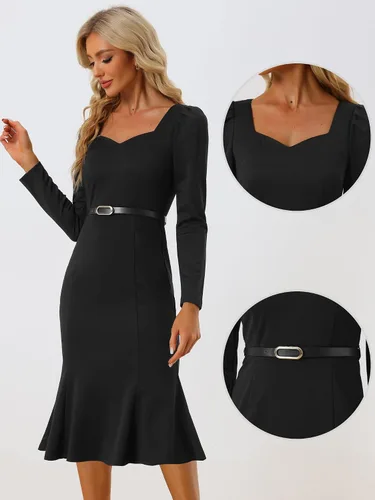 Vista 2 de Allegra K Vestidos de trabajo con cola de pez para mujer, elegante, cuello corazón, cinturón, ajustado, con dobladillo de sirena, vestido de cóctel