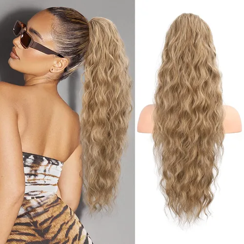 Vista 22 de FLUFYMOOZ Extensión de cola de caballo de 22 pulgadas, extensiones de cabello sintético ondulado largo y rizado para mujer