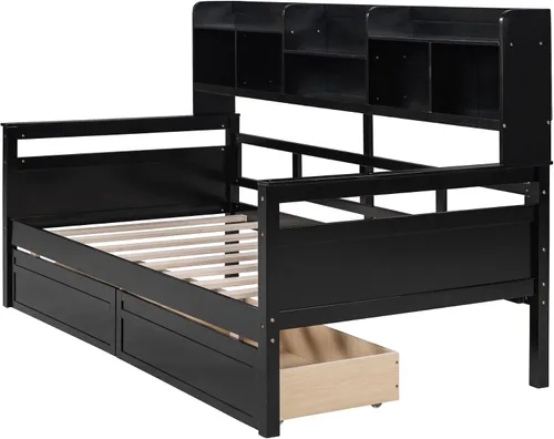 Vista 6 de Sofá cama de tamaño individual con cajones, sofá cama individual de madera con estante de noche, soporte de listones de madera, espresso