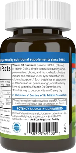 Vista 8 de Carlson - Gomitas de vitamina D3, 1000 UI (25 mcg), salud ósea, apoyo inmunológico y absorción de calcio, sabores naturales de frutas, 60 gomitas