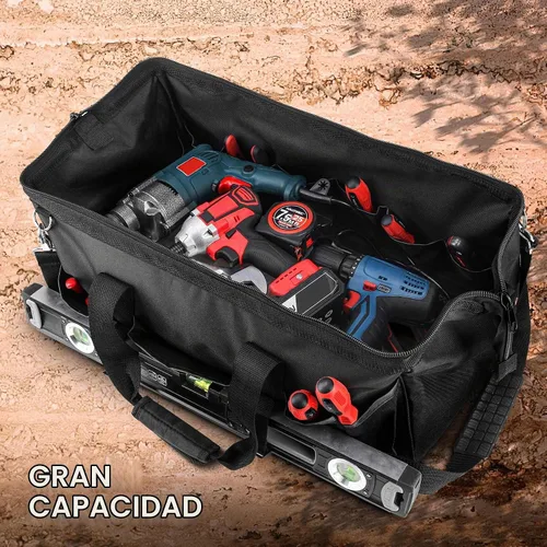 Vista 2 de HAUTMEC HT0184 - Bolsa de herramientas resistente de 24 pulgadas, bolsa de boca ancha de 21 bolsillos con marco de metal, base dura impermeable