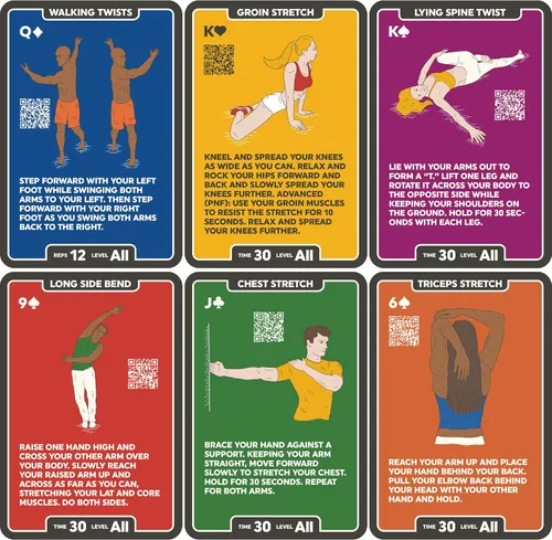 Vista 3 de Stack 52 Tarjetas de ejercicios de flexibilidad. Aprende estiramientos estáticos y dinámicos. Instrucciones de video incluidas. Perfecto