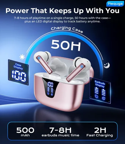 Vista 2 de Auriculares inalámbricos Bluetooth, auriculares de reproducción de 50 horas con micrófono, funda de carga con pantalla digital LED, IPX7