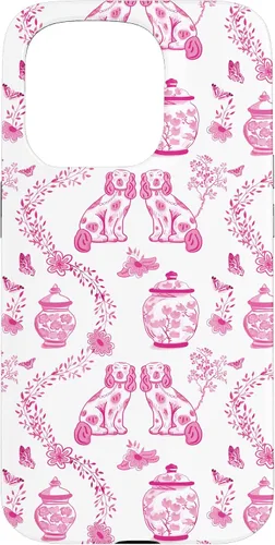 Vista 14 de Preppy - Carcasa para iPhone 16, diseño de perros y tarros de jengibre, color rosa y blanco