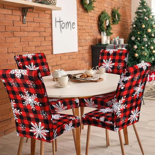 Vista 3 de Preboun 6 piezas de fundas para sillas de Navidad, protectores elásticos estampados para respaldo de silla, fundas para sillas de comedor, fundas