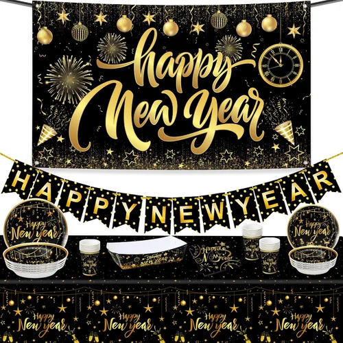 Vista 8 de KatchOn, Juego enorme de decoraciones de mesa de Año Nuevo, paquete de 117 Suministros de fiesta de Feliz Año Nuevo 2026 Cartel de Feliz Año