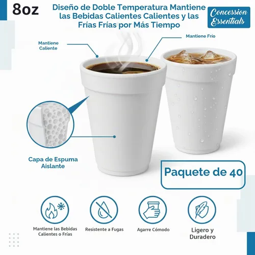 Vista 2 de Concession Essentials Vasos de espuma, desechables para bebidas calientes y frías, tazas aisladas para llevar, 8 onzas, fabricadas en Estados