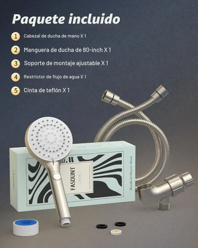 Vista 8 de FASDUNT Cabezal de ducha con mano, cabezal de ducha de mano de alta presión con manguera de acero inoxidable extra larga de 80 pulgadas y soporte