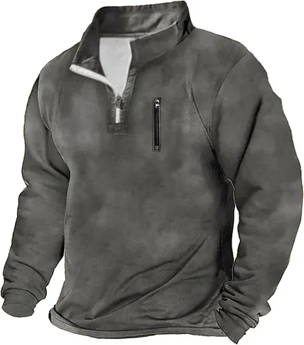 Vista 2 de Muscularfit Camisetas de moda para hombre, media cremallera, manga larga, color liso, casual, holgada, para el trabajo, fitness, ropa al aire libre