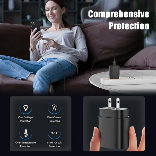Vista 4 de Paquete de 2 cargadores USB C de 25W para Samsung Galaxy S24 Ultra, bloque de carga rápida súper silenciosa tipo C con cable C a C de 3 pies