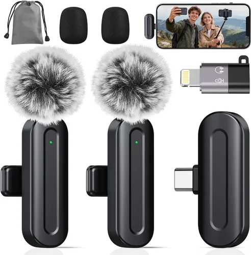 Vista 9 de PQRQP, micrófono 3 en 1 para iPhone/Android/cámara, inalámbrico, transmisión de 328 pies, duración de la batería de 18 horas, mini micrófono