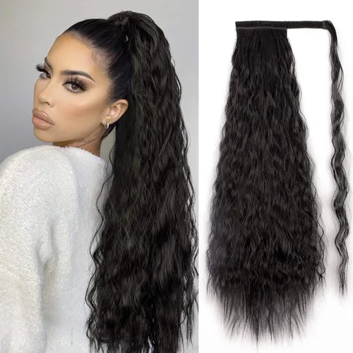 Vista 19 de Extensión de cola de caballo larga con ondas de maíz, pasta mágica, resistente al calor, ondulada, sintética, envolvente, extensión de cola