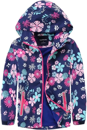 Vista 19 de M2C - Chaqueta ligera impermeable para exteriores con capucha para niñas, forro polar con estampado floral Perla de guepardo