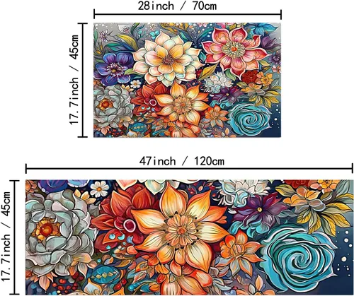Vista 3 de Juego de 2 tapetes de cocina coloridos y bohemios con diseño floral, antideslizantes, gruesos, bohemios, con flores, acolchados, antifatiga, tapetes