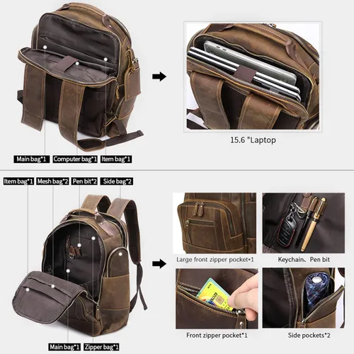 Vista 5 de BOSTANTEN Mochila de cuero para hombres 15.6 pulgadas mochila portátil vintage viaje oficina bolsa de hombro gran capacidad, Z-café claro, Mochilas