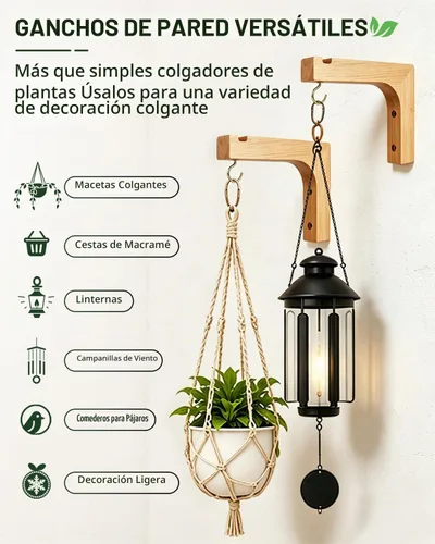 Vista 6 de Colgador de plantas de macramé, macetas colgantes de pared para plantas de interior, ganchos de madera para macetas al aire libre, carillón