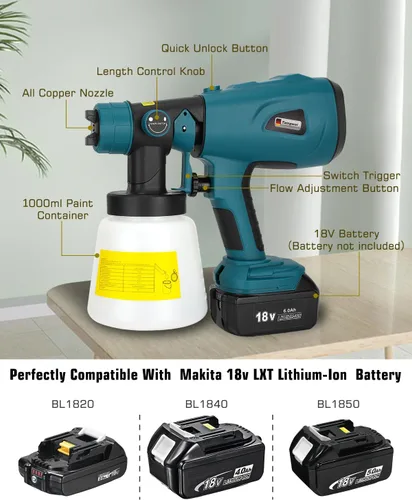 Vista 2 de Taingwei Pulverizador de pintura inalámbrico para batería Makita LXT de 18 V, pistola pulverizadora de pintura HVLP de 200 W con motor sin